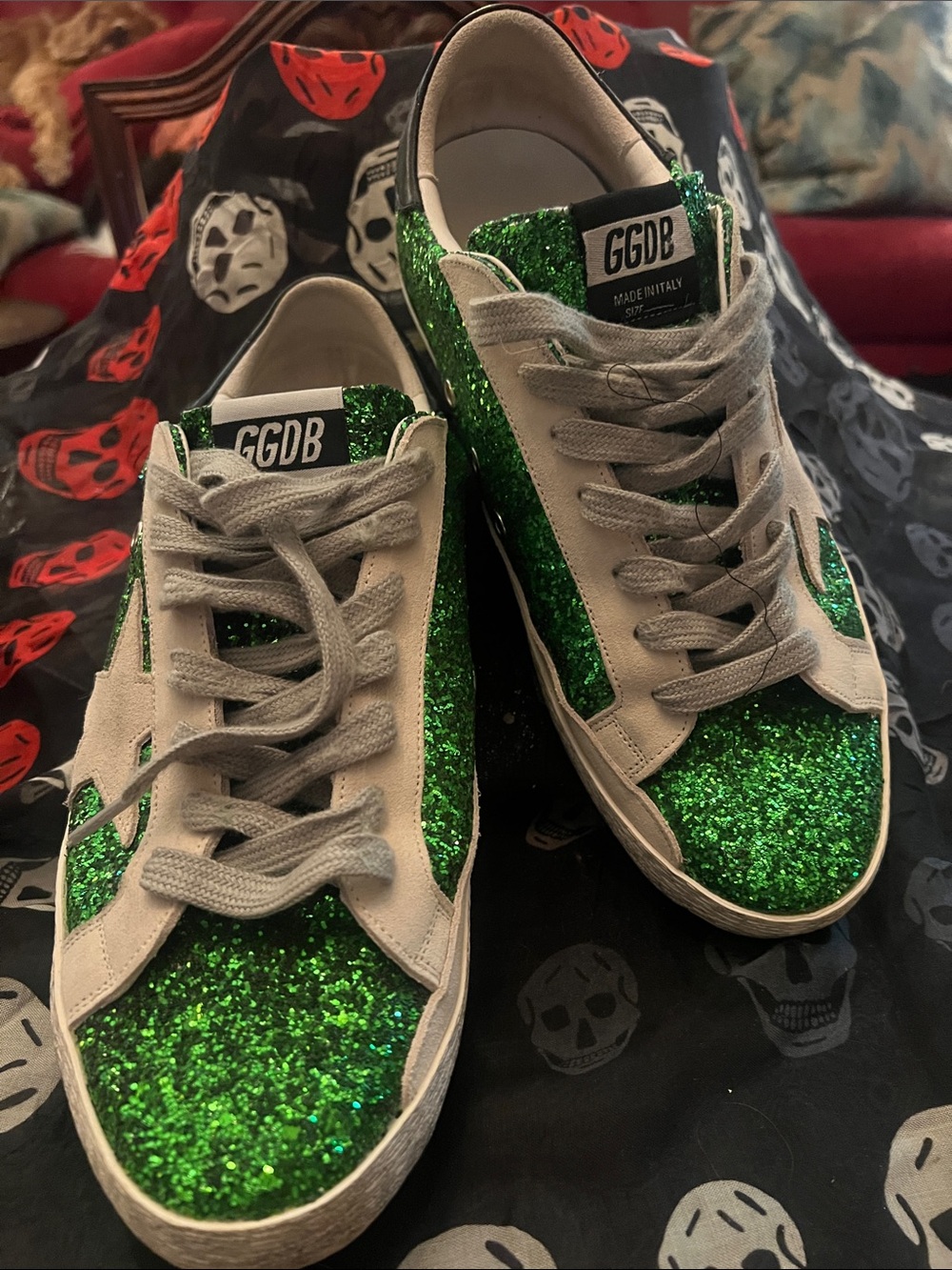 Golden Goose Mens Green Glitter Low-Top Sneakers with Cream Panels